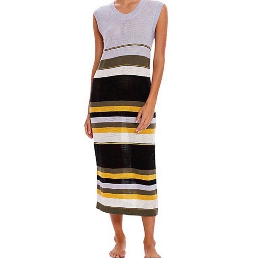 Agua Bendita Striped Midi Dress in White, Black, Yellow, Olive